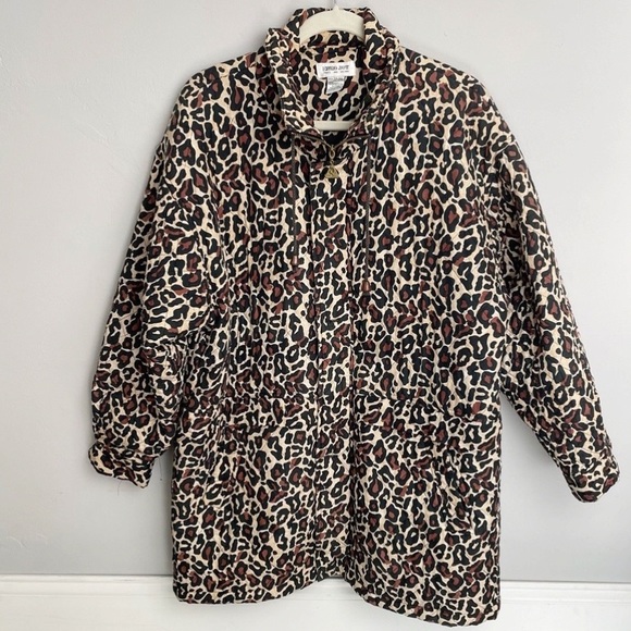 Euro Joy Zip Up Silk Blend Button Up Animal Print Jacket Collar Drawstring Med - Picture 1 of 14